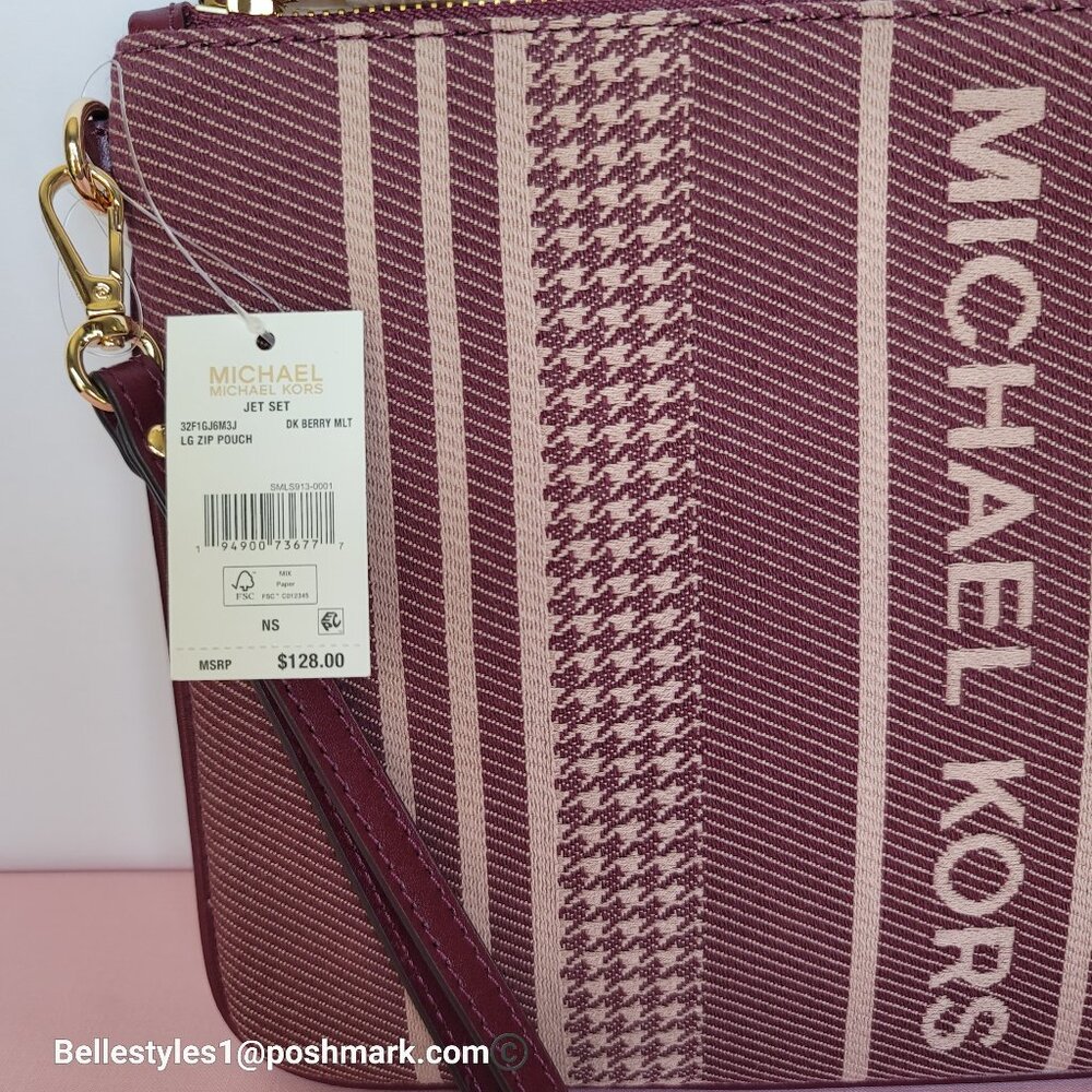 MICHAEL KORS Jet Set Signature Jacquard Large Zip Pouch Wristlet- Dark Berry ⭐ - Picture 15 of 16